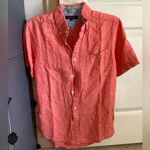 Tommy Hilfiger Men's Orange Linen Short Sleeve Button Down Shirt